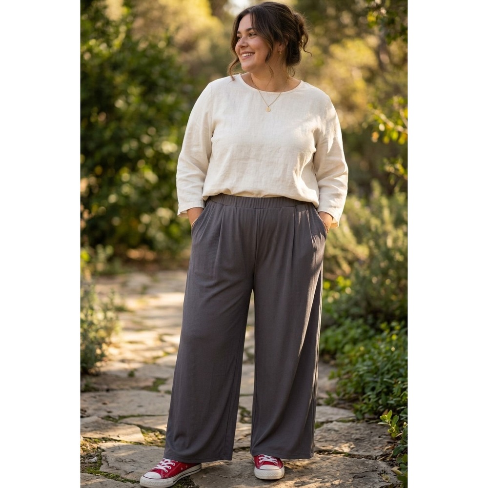 Cider Curve Plus‎ 0XL Gray Wide Leg Pants Elastic Waist Pockets Stretch